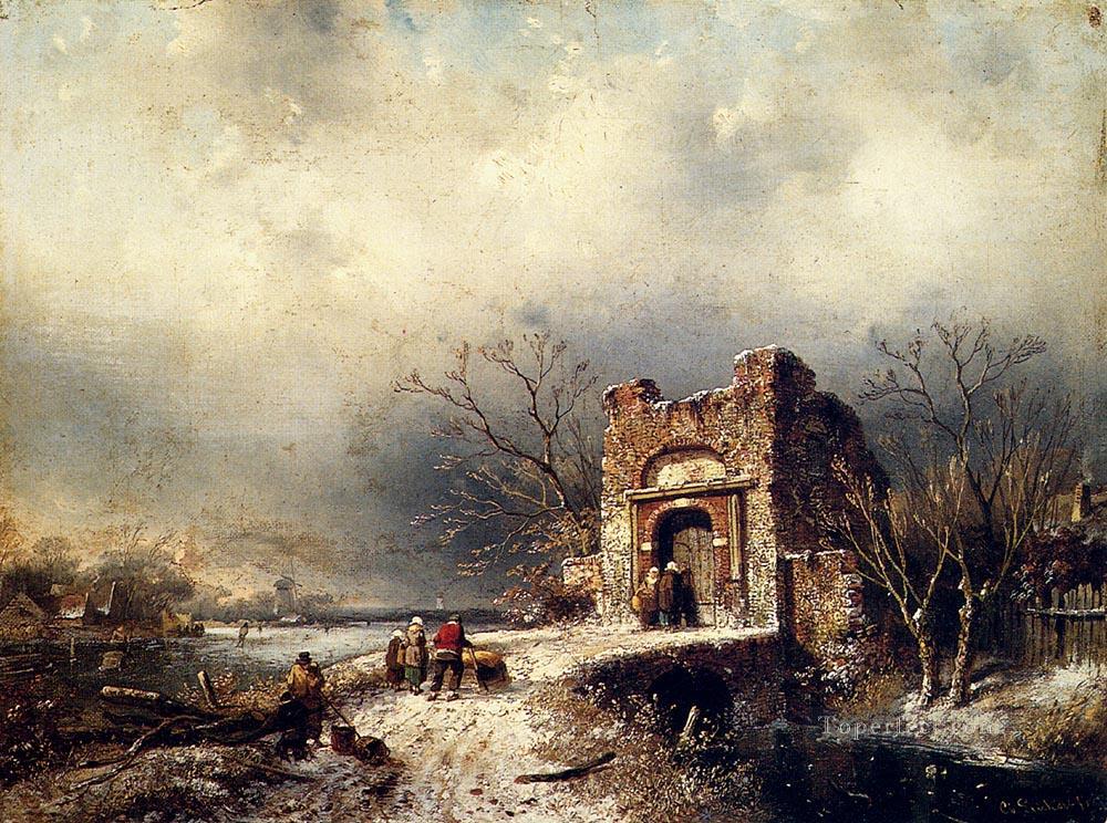 Villagers On A Frozen Path landscape Charles Leickert Oil Paintings
